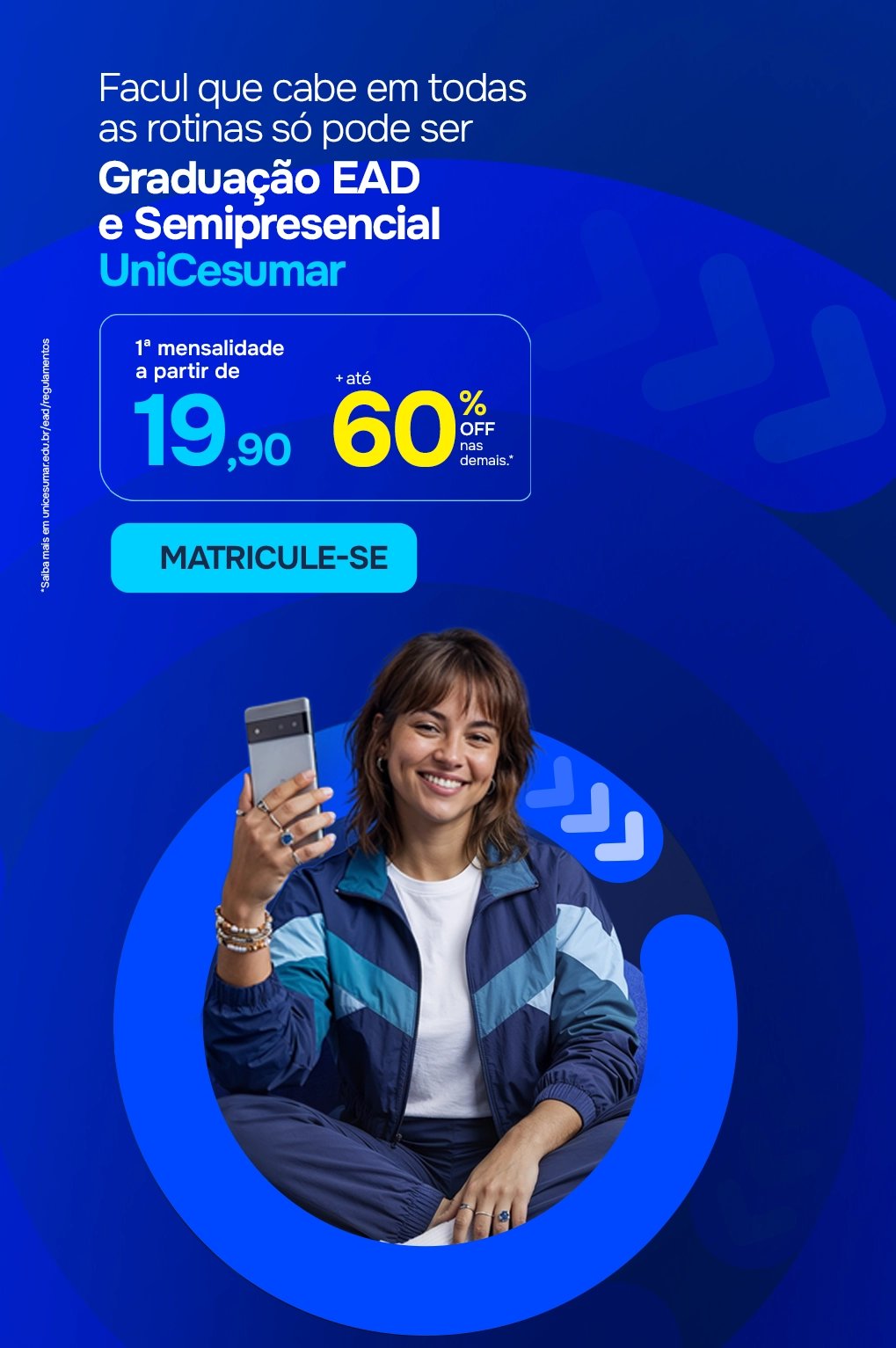 Graduação EAD e Semipresencial - 1ª mensalidade a partir de R$19,90 e as demais com até 60% off